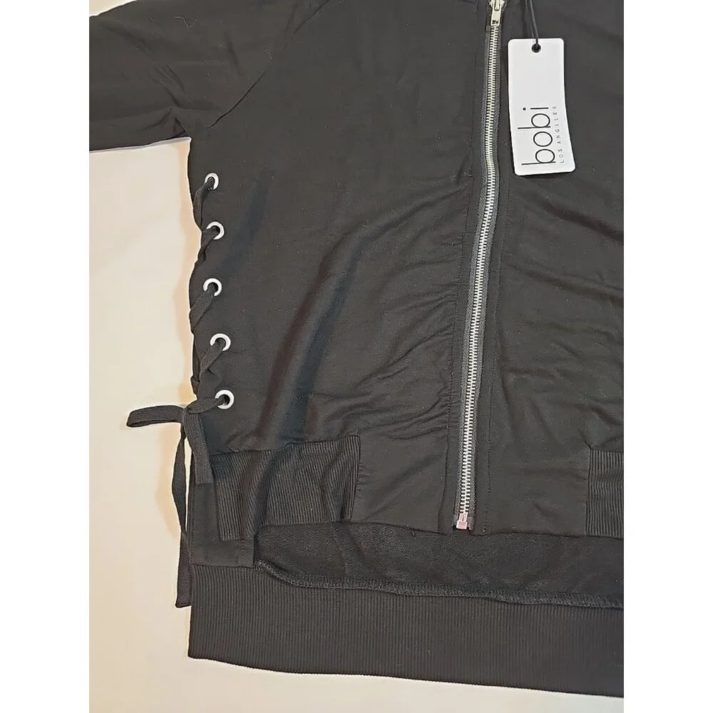 bobi zip front jacket‎ Black Lace up sides Stretch Long Sleeve Size S New
